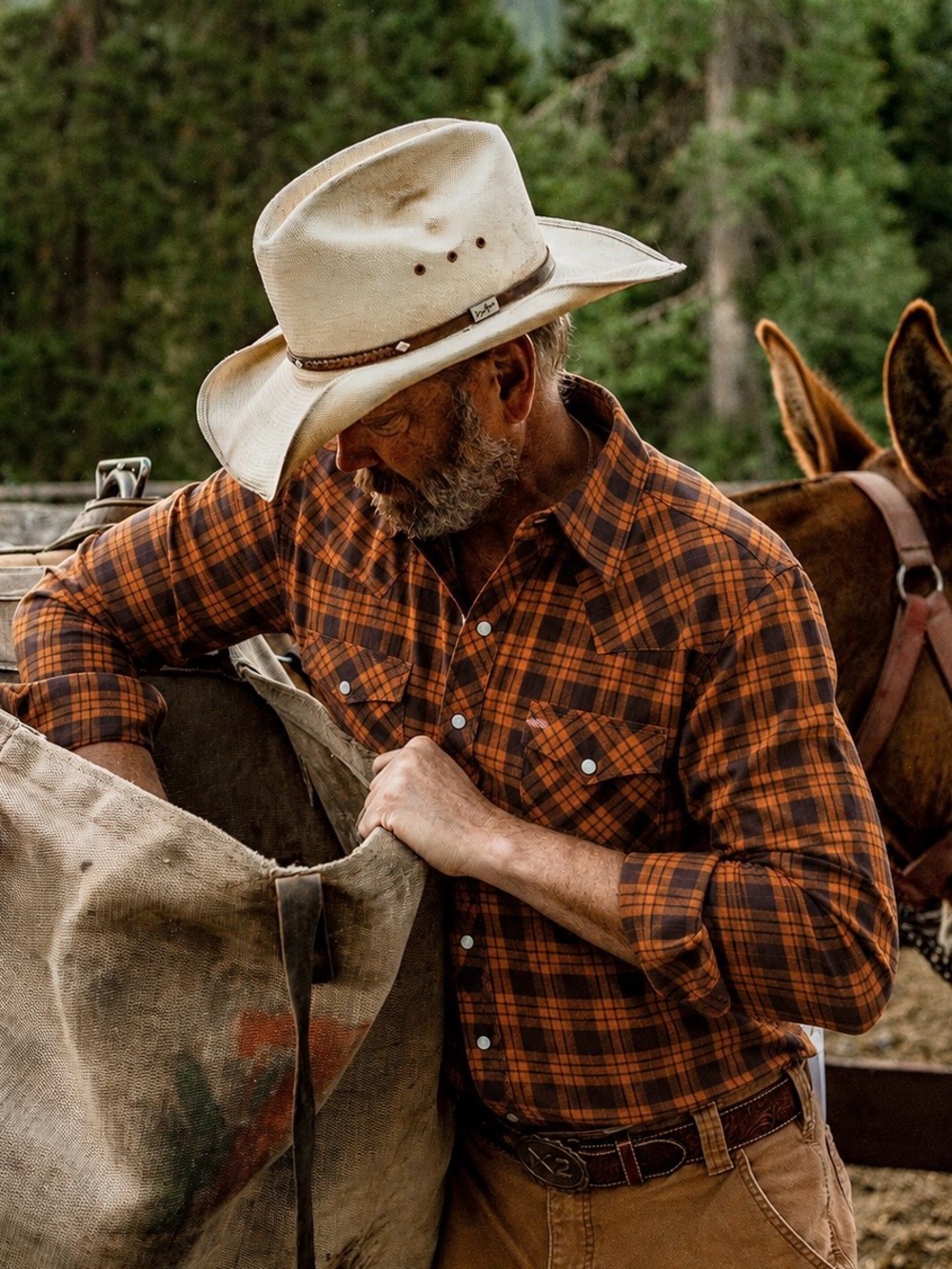Tecovas | Orange Brown Plaid Flannel Pearl Snap Cowboy Ranch Rodeo Shirt ~ Large